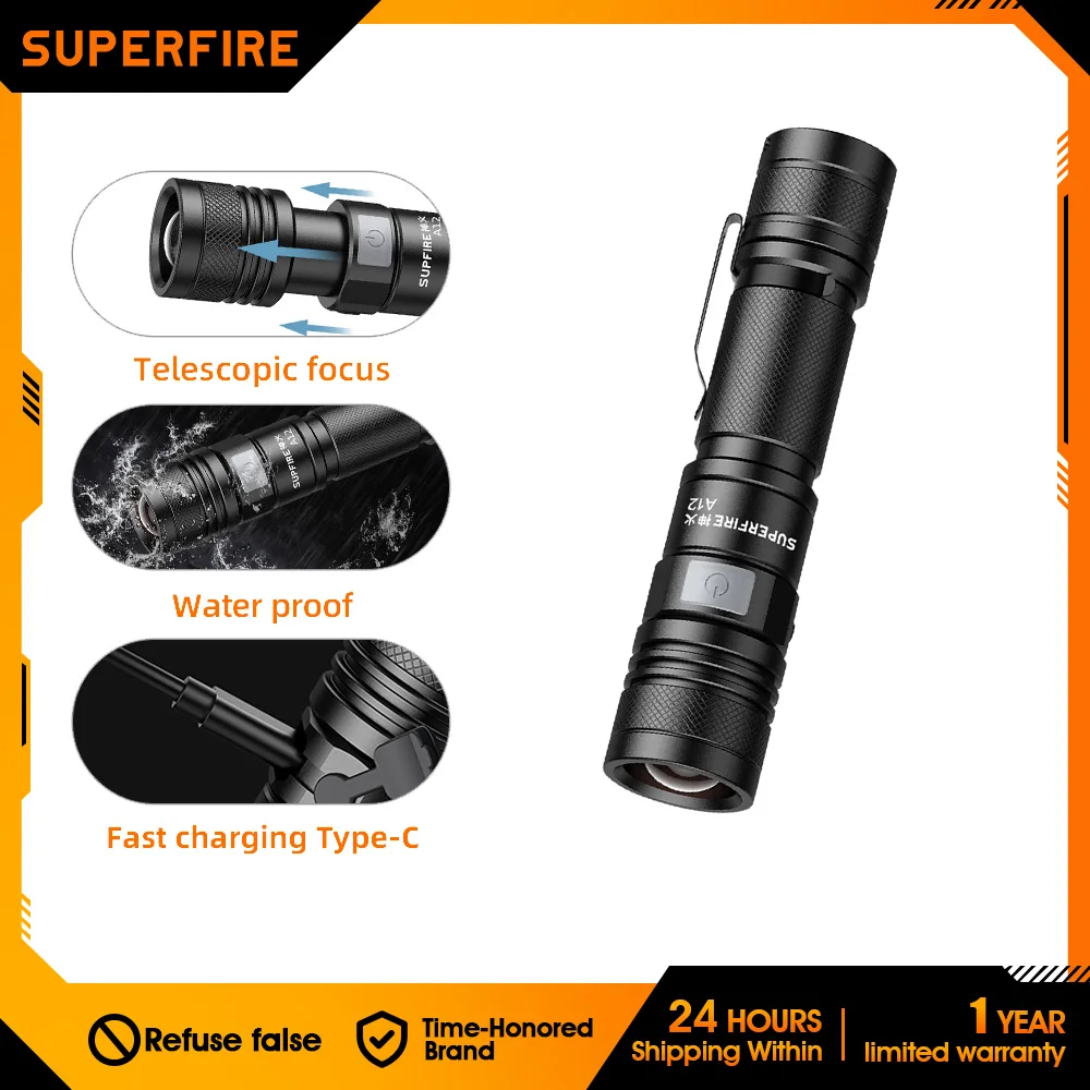 SUPERFIRE Ultra Bright LED Rechargeable Flashlight With LED beads Waterproof Torch Zoom Powerfull 18650 Flashlights USB Type C