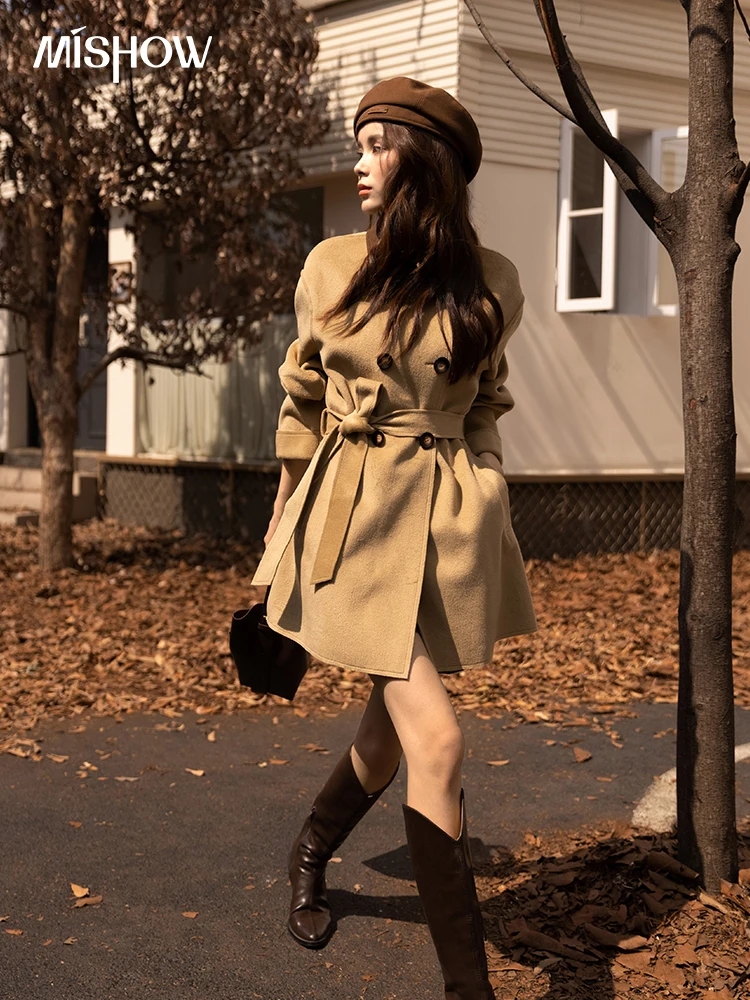 MISHOW 2022 Autumn Winter Double-faced Wool Coats Women Fashion Polo Collar Woolen Jackets Korean Warm Solid Overcoat MXB44W0525