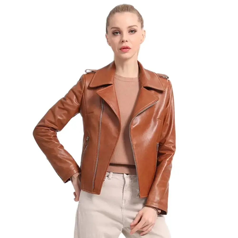New Women Short Sheepskin Coat Spring Autumn Fashion Soft Turn-down Collar Long Sleeve Genuine Leather Jacket Slim Outerwear