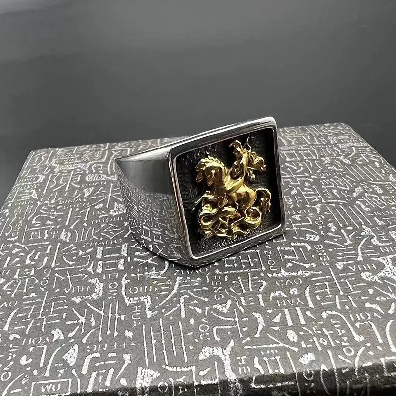 

European retro medieval dragon slayer pattern men's stainless steel ring