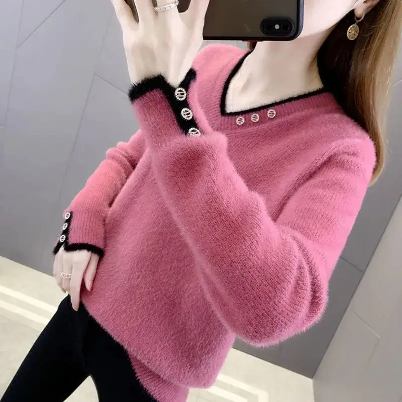 

Woman V-neck Knitted Sweaters and Pullovers Female Solid Knit Sweater Long Sleeve Tops Ladies Basic Jumpers Pullover Top G267