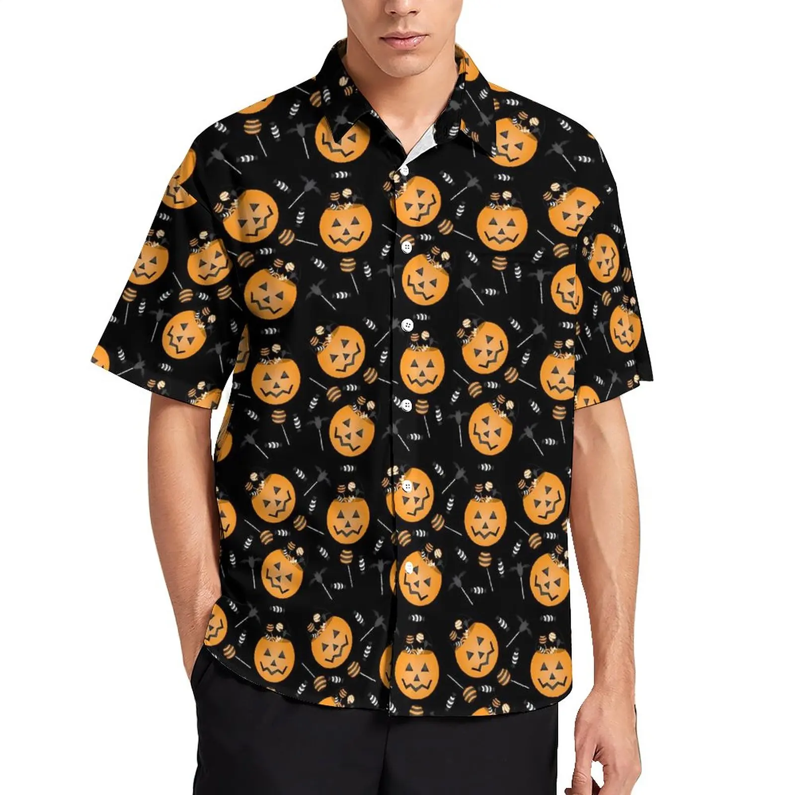 

Pumpkin Halloween Casual Shirt Candy Lollipop Beach Loose Shirt Summer Streetwear Blouses Short-Sleeve Printed Oversized Top