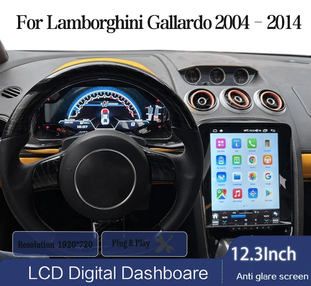 Фото Carplay, Android Auto + цифровая приборная панель для Lamborghini Gallardo 2004-2014: спидометр, приборная панель, виртуальный кокпит. №1
