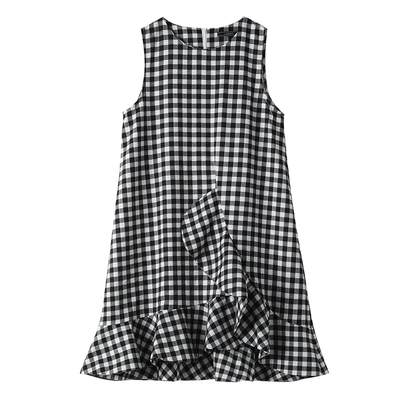 Women Summer Fashion Mini Retro Dresses Lady's Casual Customize Size 3XS-10XL Vintage Plaid Print Short A Line Dress
