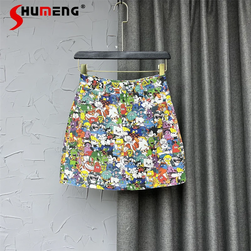 

2022 Summer Personalized Korean Style Women's Cartoon Pattern A-Line Short Jean Skirt Casual High Waisted Slim Mini Denim Skirts