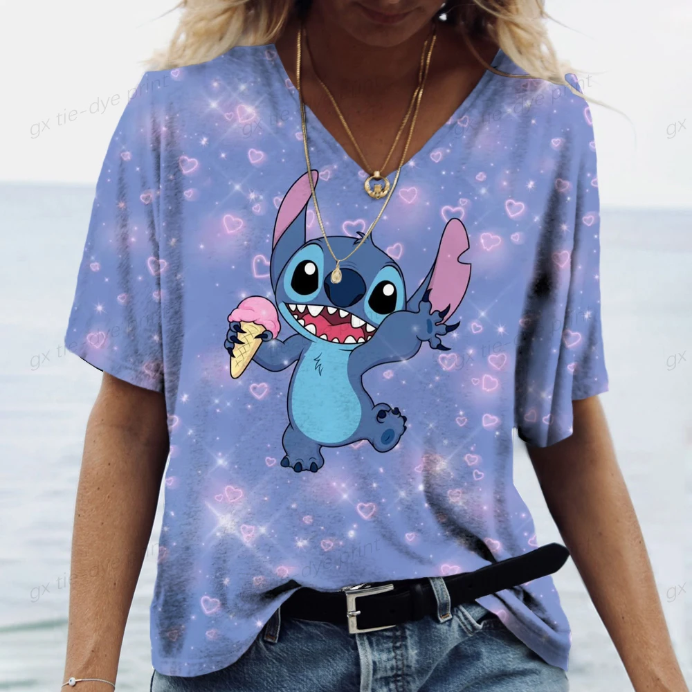 

Summer Casual Wear Holiday Female Tee Fashion Women's Y2k T-shirt V-neck Top Disney Stitch Print Girls Harajuku Short-sleeved