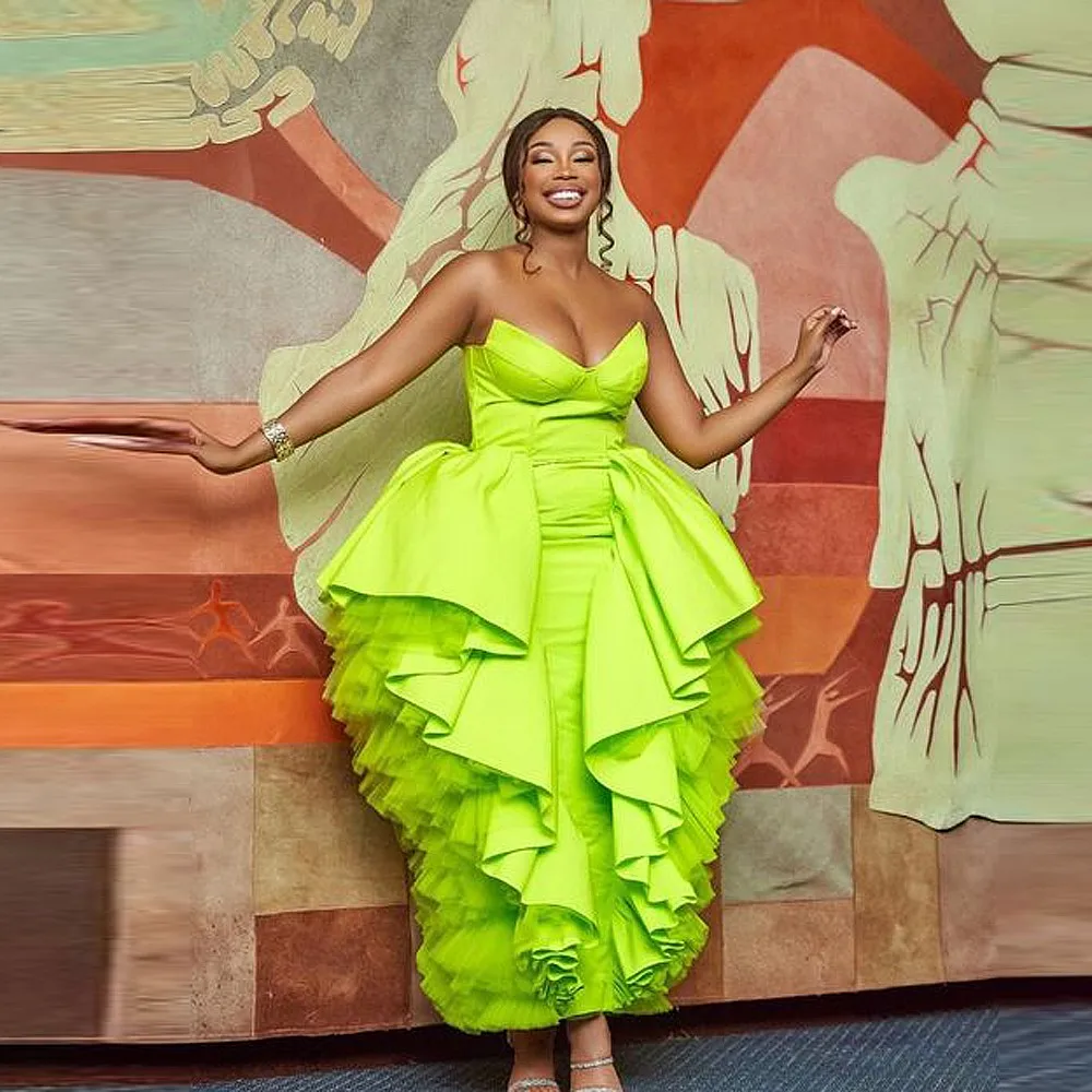 

Fluorescent Green Sheath Prom Dresses Sweetheart Ruffles Tulle And Satin Extra Puffy Evening Dress Plus Size African Party Gowns