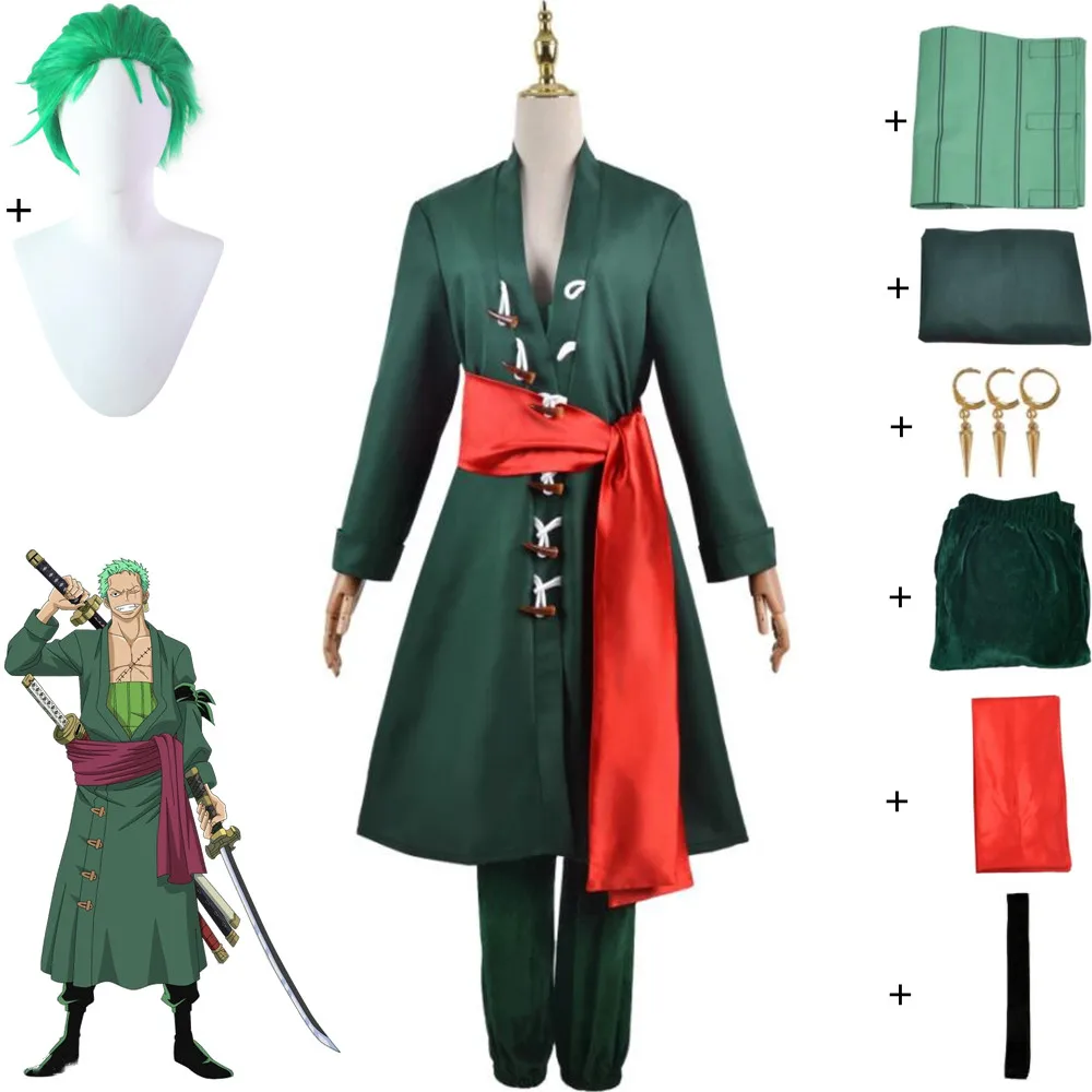 

Anime Roronoa Zoro Cosplay Costume Adult Man Woman Vest Coat Earrings Pants Wig Halloween Wano Kuni Country Pirate Hunter Suit