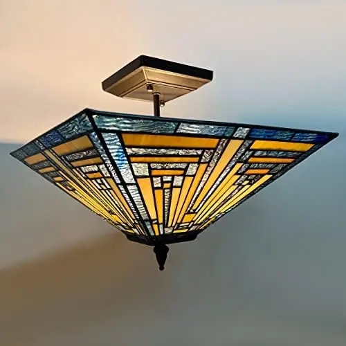 

Ceiling Lights Fixtures 14\u201D Wide Stained Glass Ceiling Lamp 2 Lights Mission Style Semi Flush Mount Ceiling Lighting for Ki