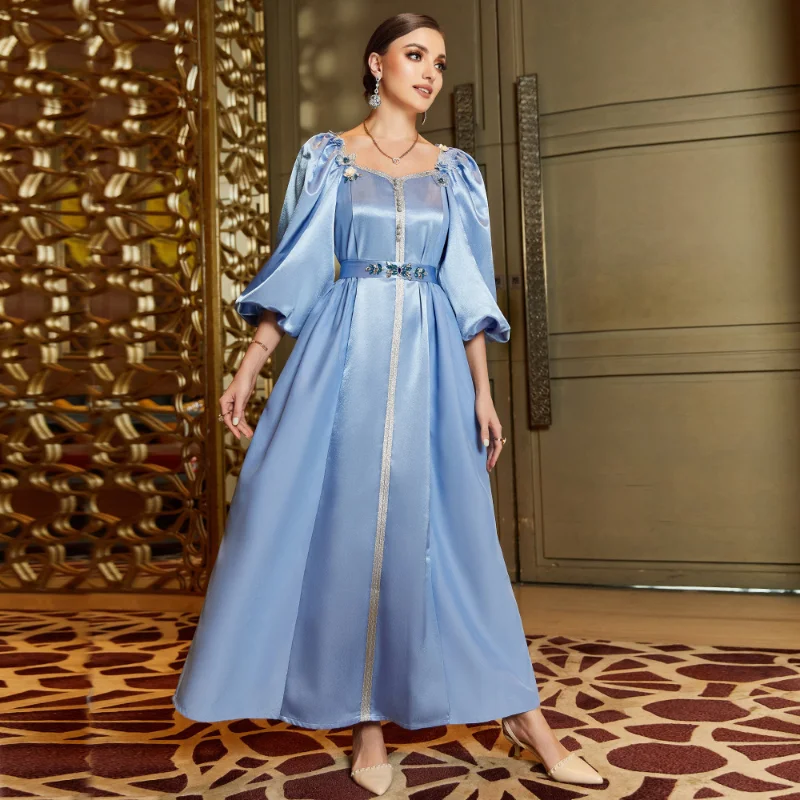 Muslim Princess Dress for Women Rhinestone Butterfly Bubble Sleeve Feast Party Evening Dresses Corban Eid Al Adha New Arab Robe