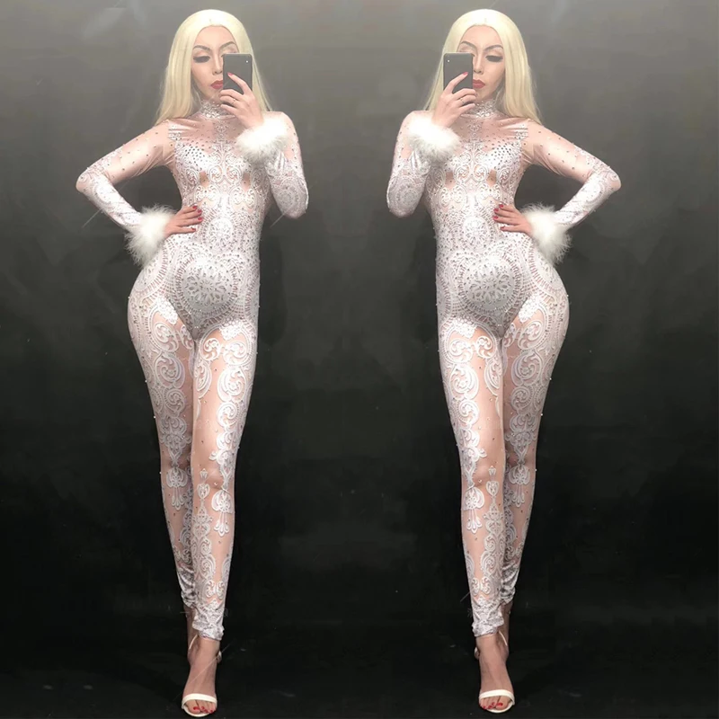 

Белый кружевной комбинезон, сексуальный комбинезон стразы, женский комбинезон для танцев на шесте, одежда для ночного клуба, одежда для рол...