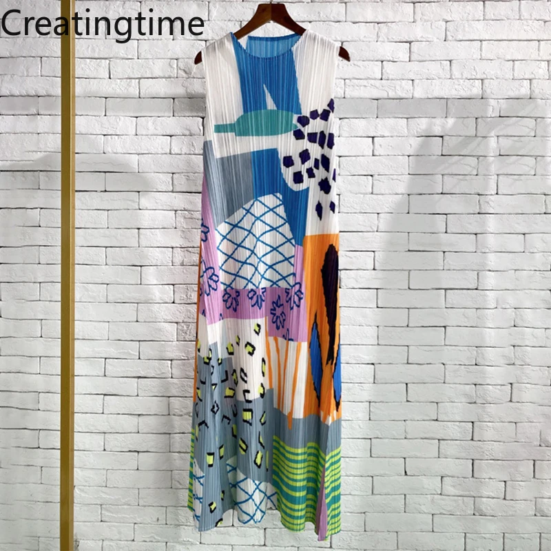 

Creatingtime Pleated 2022 Summer New Printing High Quality Round Neck Sleeveless Mid Length High Waist Dress Fashion Women GA967