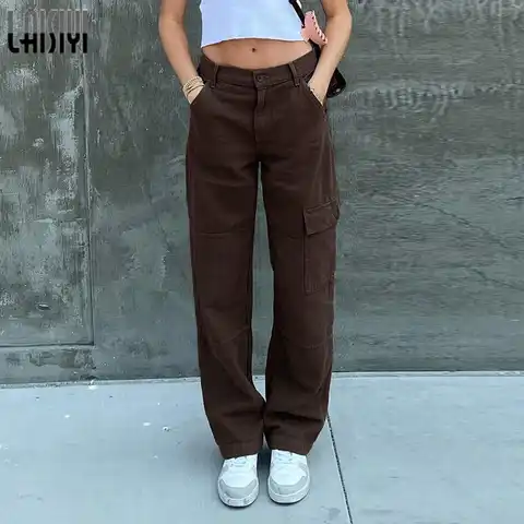 Brown Pants Wide Leg Jeans Denim Trousers Women Baggy Jeans Streetwear Outfit Vintage Cothes Loose Pockets Cargo Jeans for Women