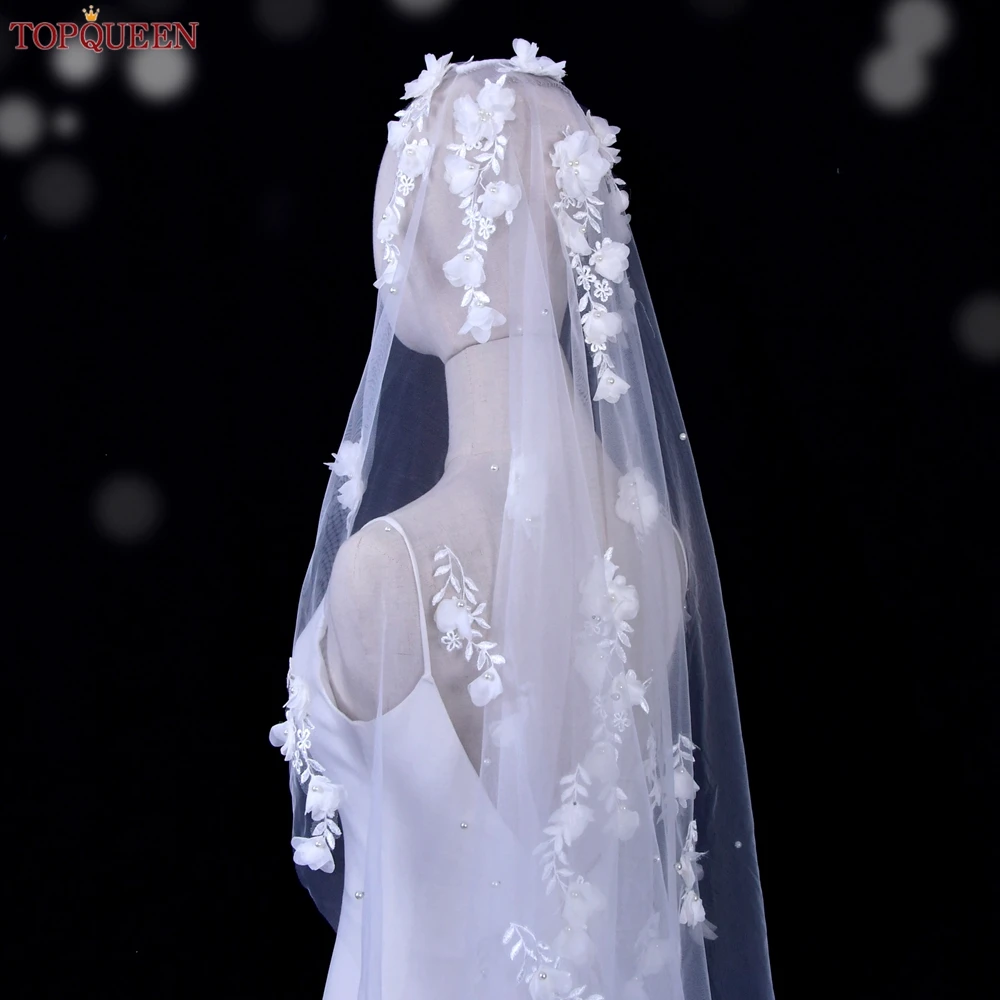 Короткая свадебная фата TOPQUEEN V52 С 3D цветами с жемчугом длиной до плеч Фата для