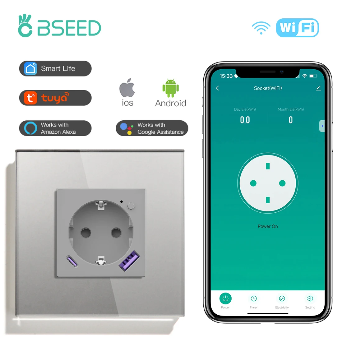 BSEED Стандарт ЕС Wi-Fi Умная розетка с портом USB Type-C 20 Вт Функция мониторинга мощности Tuya Alexa Управление умным домом 16A