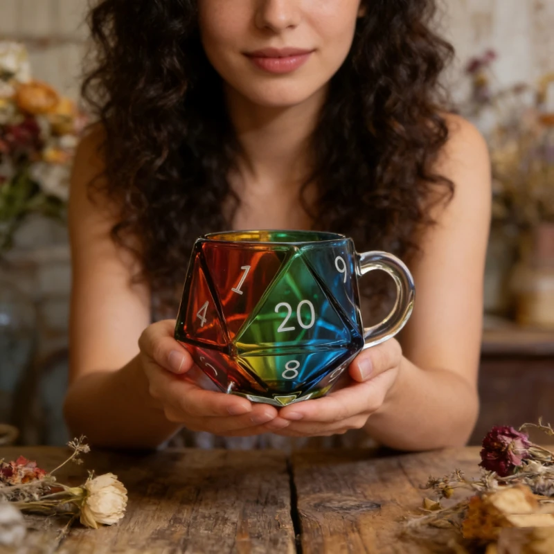 Фото Кружка-игральная кость D20 «Радуга» из стекла — посуда с дизайном 20-гранных граней, оригинальная кофейная кружка, идеально подходит для фанатов D&D и геймеров №1