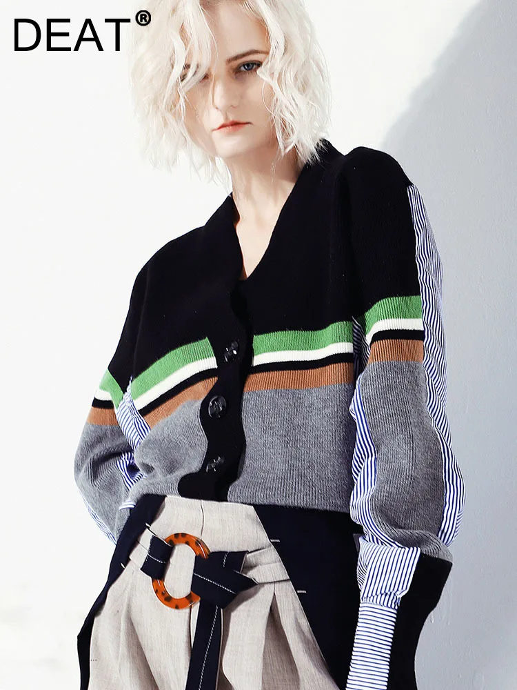 

Женский вязаный кардиган в стиле пэчворк DEAT, свободный свитер контрастных цветов с V-образным вырезом и длинным рукавом, осень 2023