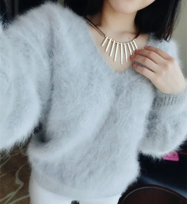 

sexy knitted New natural mink cashmere pullovers women's fashion knit V neck sweater custom big size