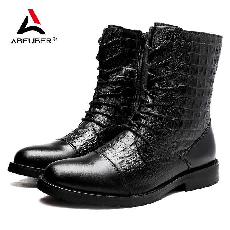 Fashion Motorcycle Boots Men Winter Genuine Leather Boots Men High Top Crocodile Pattern Snow Boots Man Shoes Waterproof