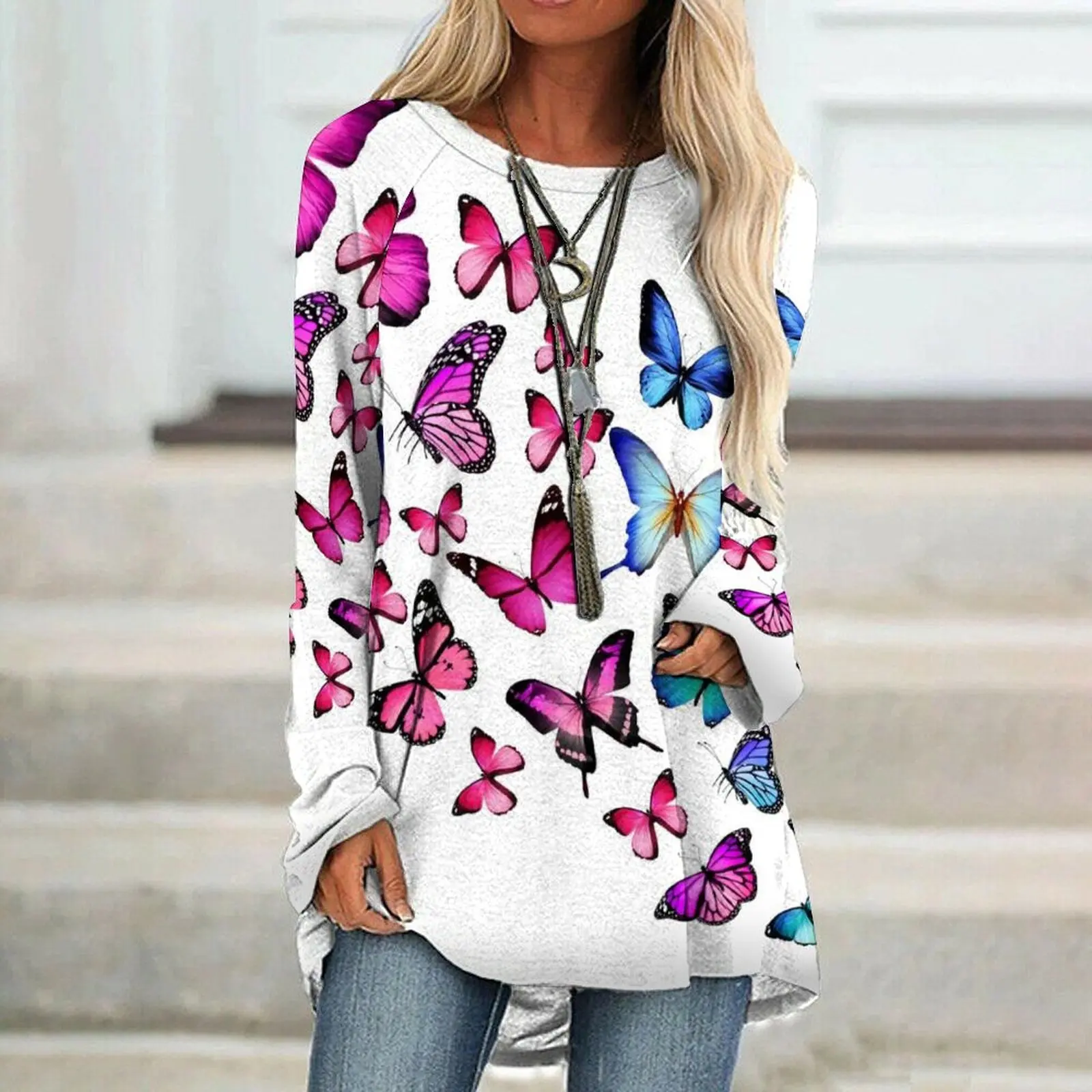 

European and American women's loose round neck digital printing butterfly and dragonfly series T-shirt long sleeve top