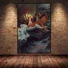 Винтажный постер на холсте с изображением Иисуса Христа и лодки