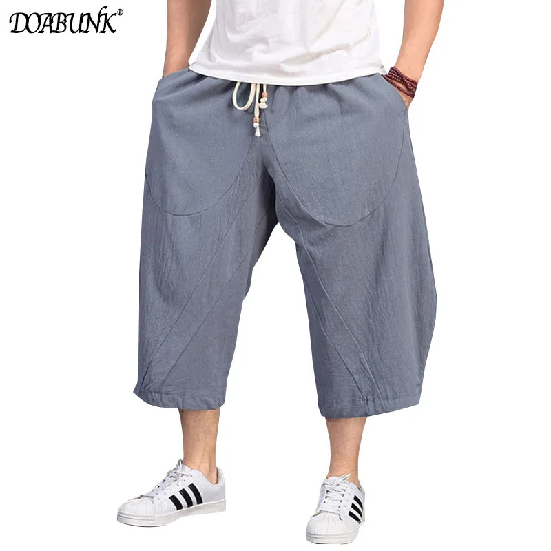 

Новинка 2022, мужские льняные брюки до икры, мужские свободные брюки с широкими штанинами, летние повседневные однотонные брюки