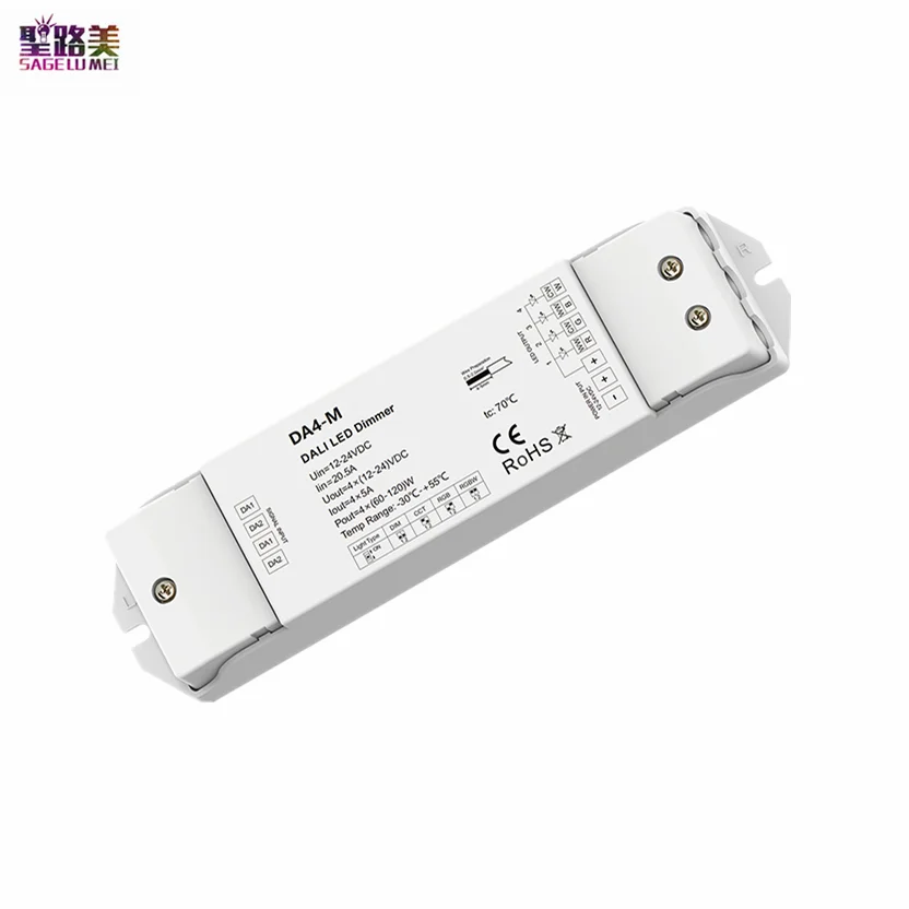 12V-24VDC 4CH DALI Dimmer DA4-M 1 Адрес / 4 Канал / DT8 DT6 / Постоянное напряжение / ШИМ регулировка для одноцветных / CCT / RGB / RGBW LED Лента включена.