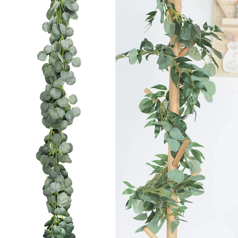

Зеленые искусственные листья эвкалипта, гирлянда, цветы глицинии, искусственные растения, шелковые листья виноградной лозы для украшения с...