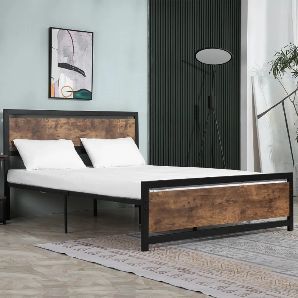 With Headboard And Footboard Load-bearing 880lbs Black & Rustic Brown[us-stock]