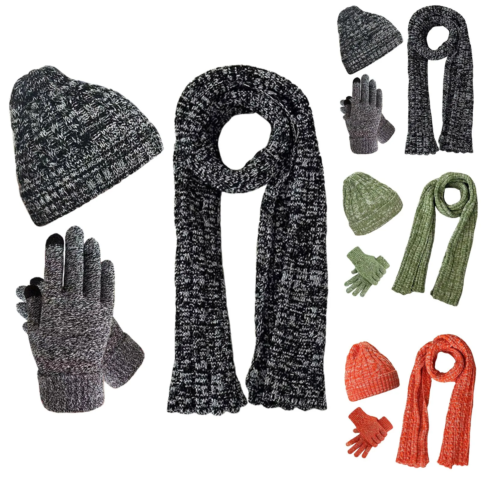 

Unisex Autumn Winter Warm Wool Hat Scarf Gloves Slouchy Three Pieces Winter Snow Knit Cap Screen Mittens Scarves Sets Women Men