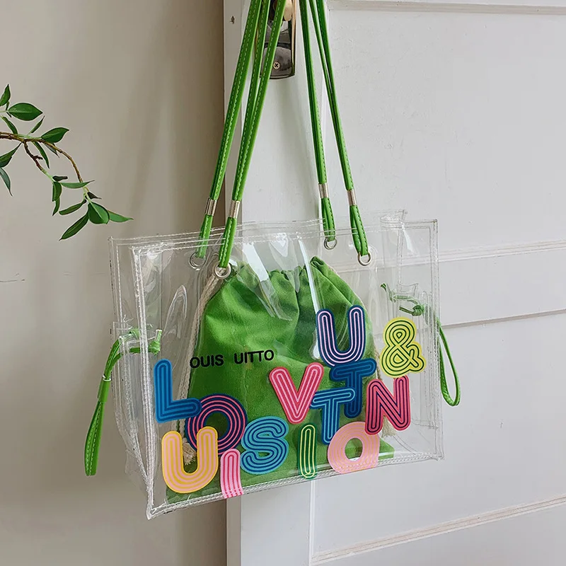 

Vintage Women Transparent Letters Printing 2pcs Composite Bags Pure Color Shoulder Shopping Bag Casual Large Capacity Tote