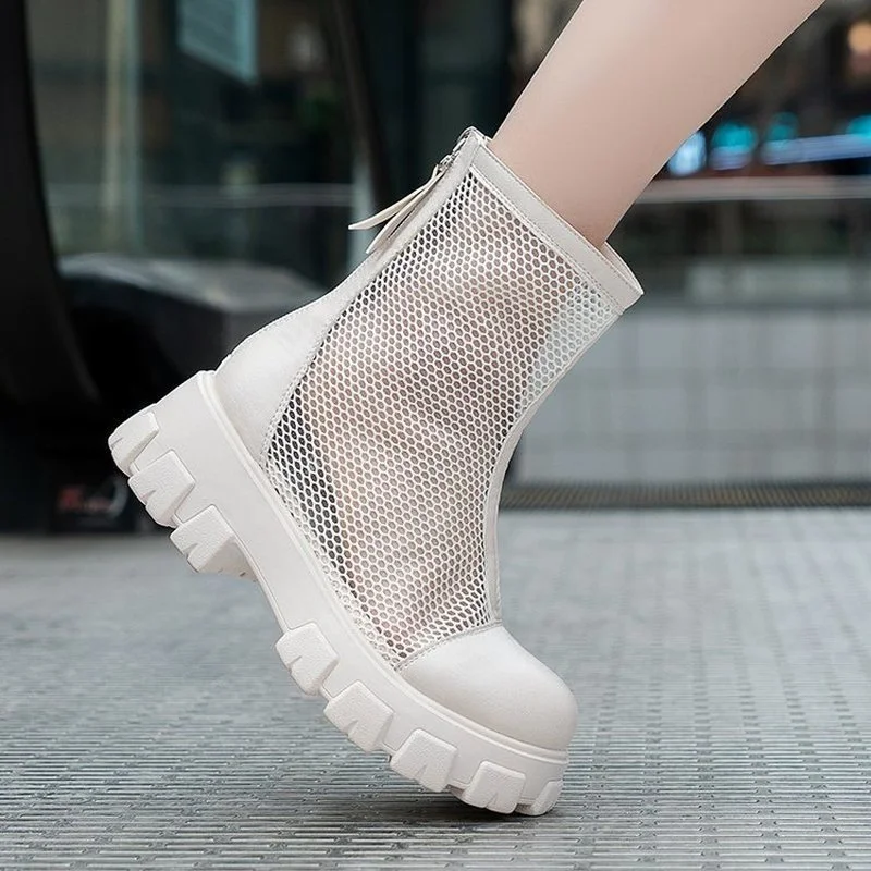 Comemore Breathable Mesh Sandals Plus Big Size 43 Summer Breathable Platform Boots Thick Sole Women Zipper Women's Heeled Boot