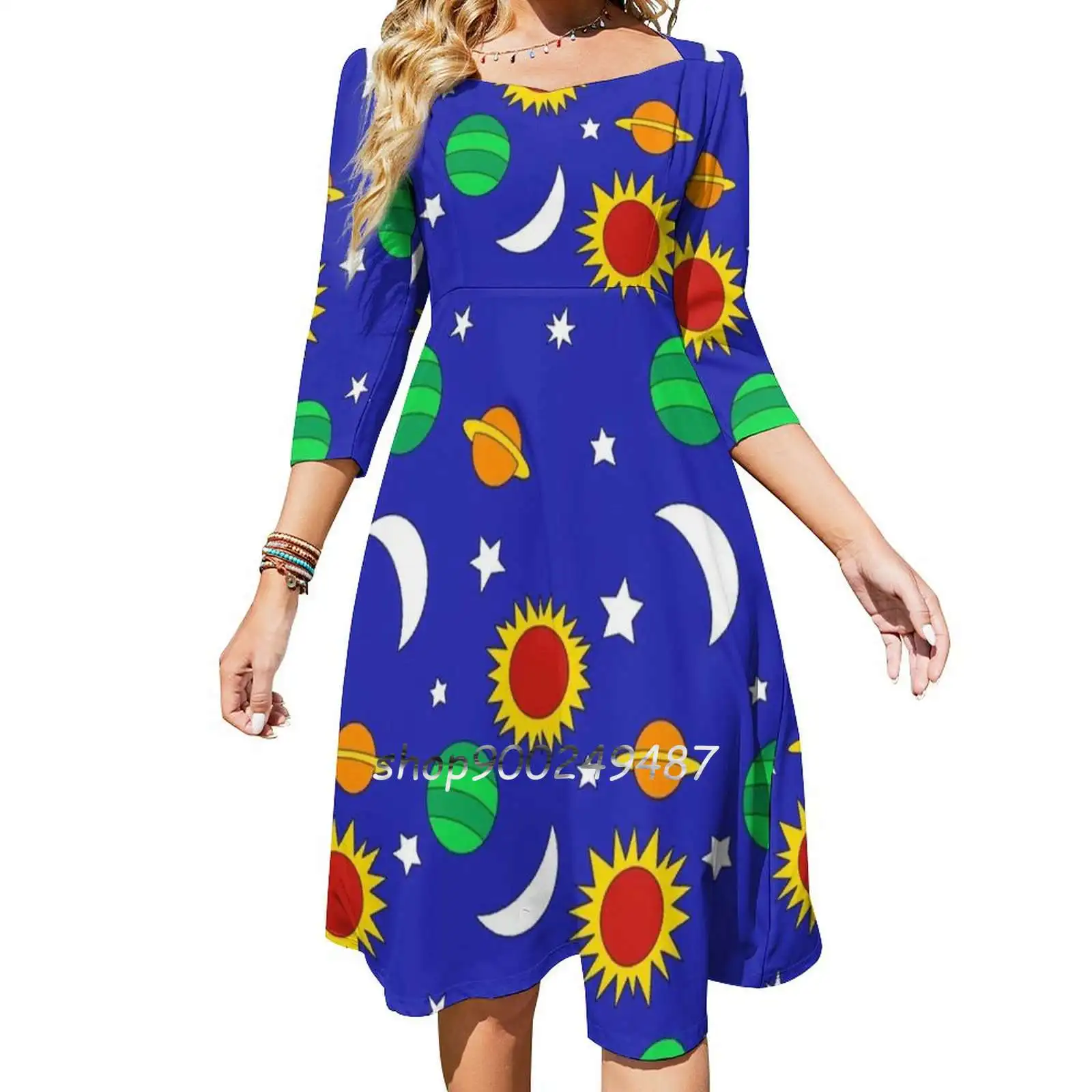 

Gets Sweet Elegant Dress Women Korean Kawaii Square Collar Dress Space Planets Planet Stars Star Moon Moons The Magic School