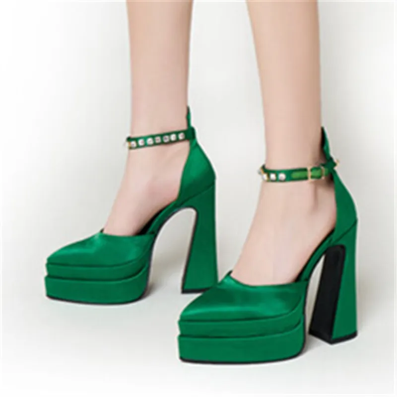 

LeShion Of Chanmeb INS Platform Satin Runway Pumps Women Point Toe Super High Heels Ankle Strap Buckle Two-piece Party Shoe Lady