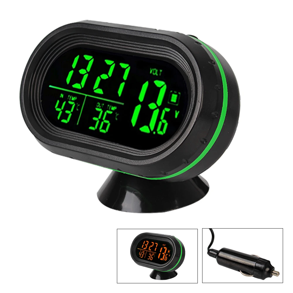 

3 IN 1 Thermometer Clock Voltmeter Car LCD Digital Display Clock Freeze Alert Self-Adhesive Car-Styling Green + Orange Backlight