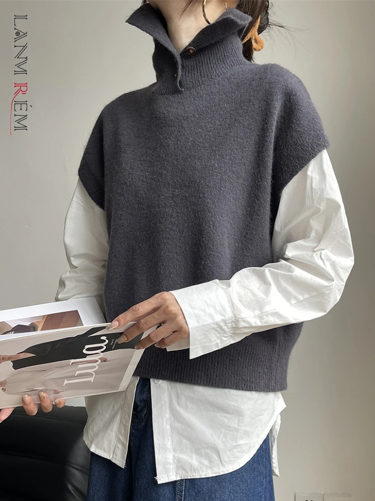 

[LANMREM] Elegant Knitting Turtleneck Vest For Women Sleeveless Office Lady Female Tops Fashion Tanks 2023 Autumn New 26D5838