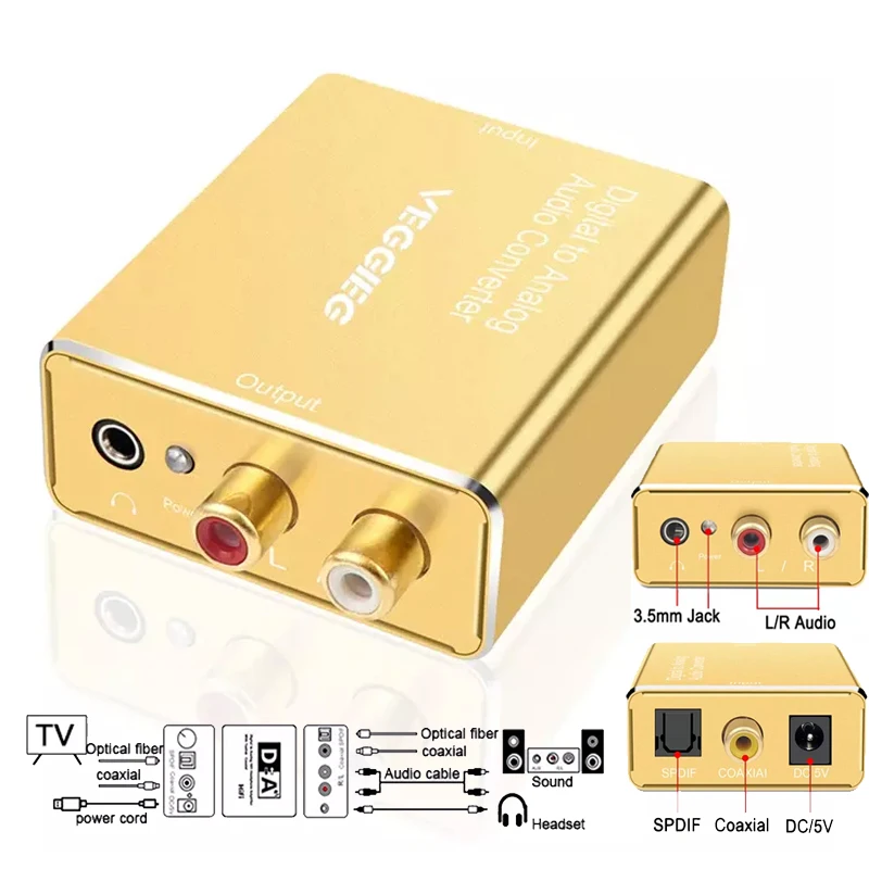 

Digital to Analog Audio Converter Optical Fiber Coaxial Signal To RCA R/L DAC Spdif Stereo 3.5Mm Jack Audio Decoder Amplifier