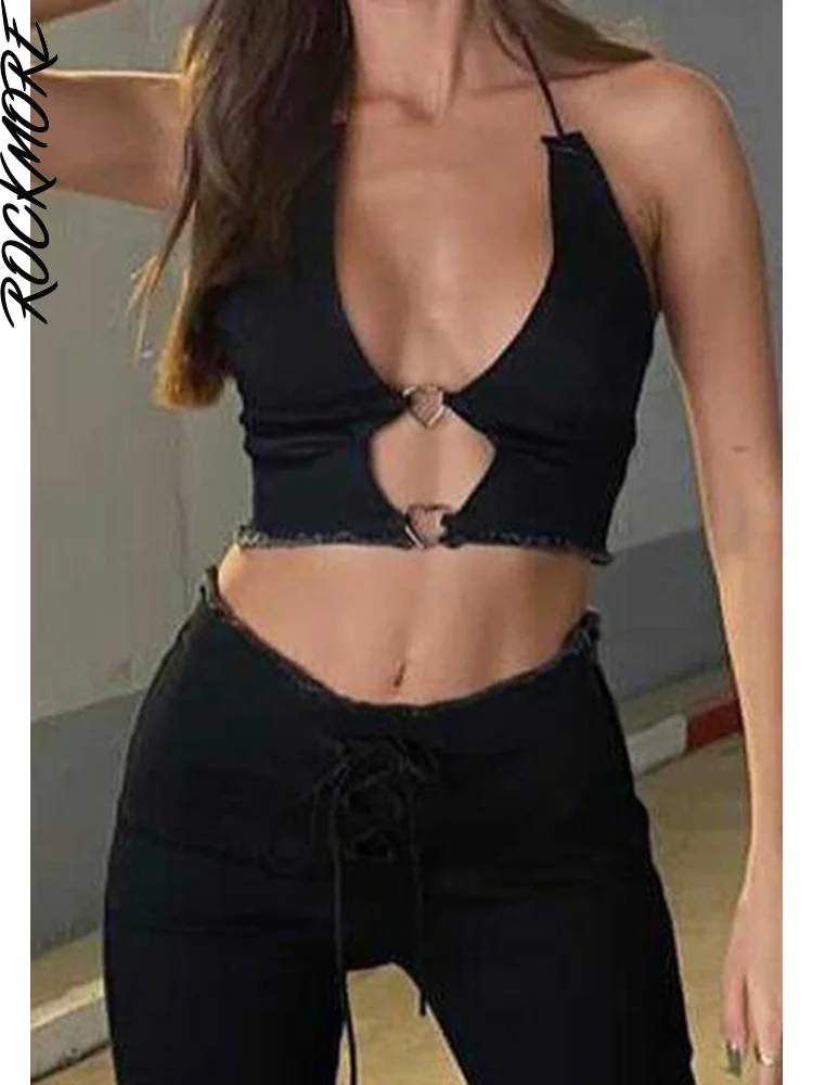 

Rockmore Sexy Hollow Out Halter Crop Tops Women Solid Denim Tank Top Streetwear Backless Corset Tees Clubwear Party Bustiers