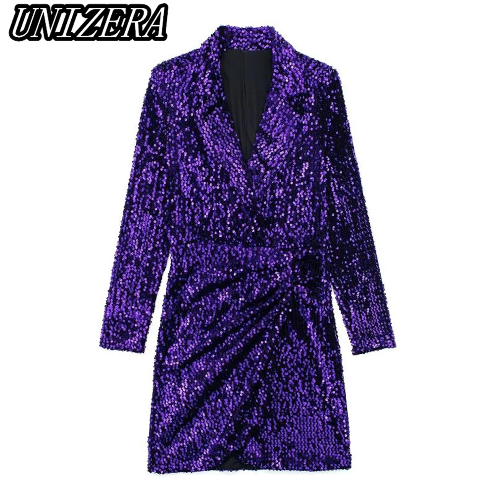 

Новая женская одежда UNIZERA на осень и зиму, модный темпераментный костюм с блестками и украшением, приталенное мини-платье в стиле пиджака, ...