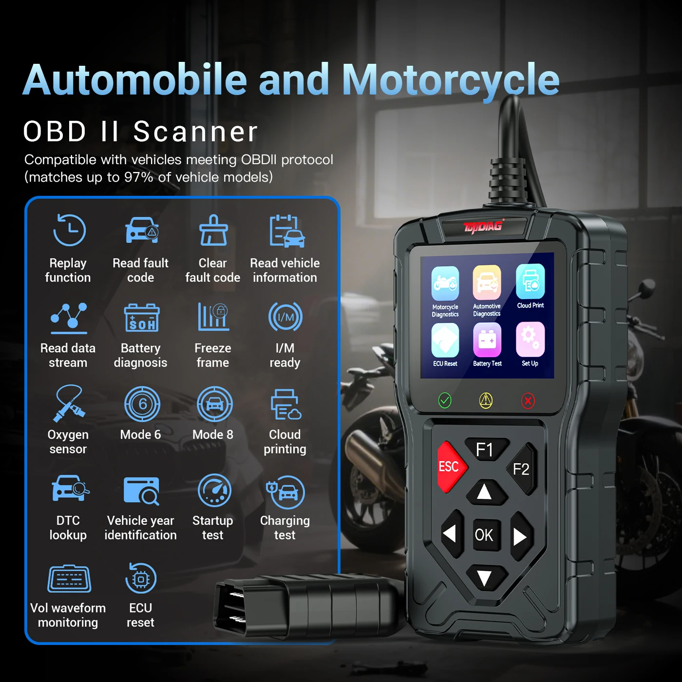 

НОВЫЙ сканер Topdiag M60 OBD2 для мотоциклов и транспортных средств, код неисправностей, чтение, бесплатный ECU, сброс, автомобильный диагностический инструмент DTC Lookup