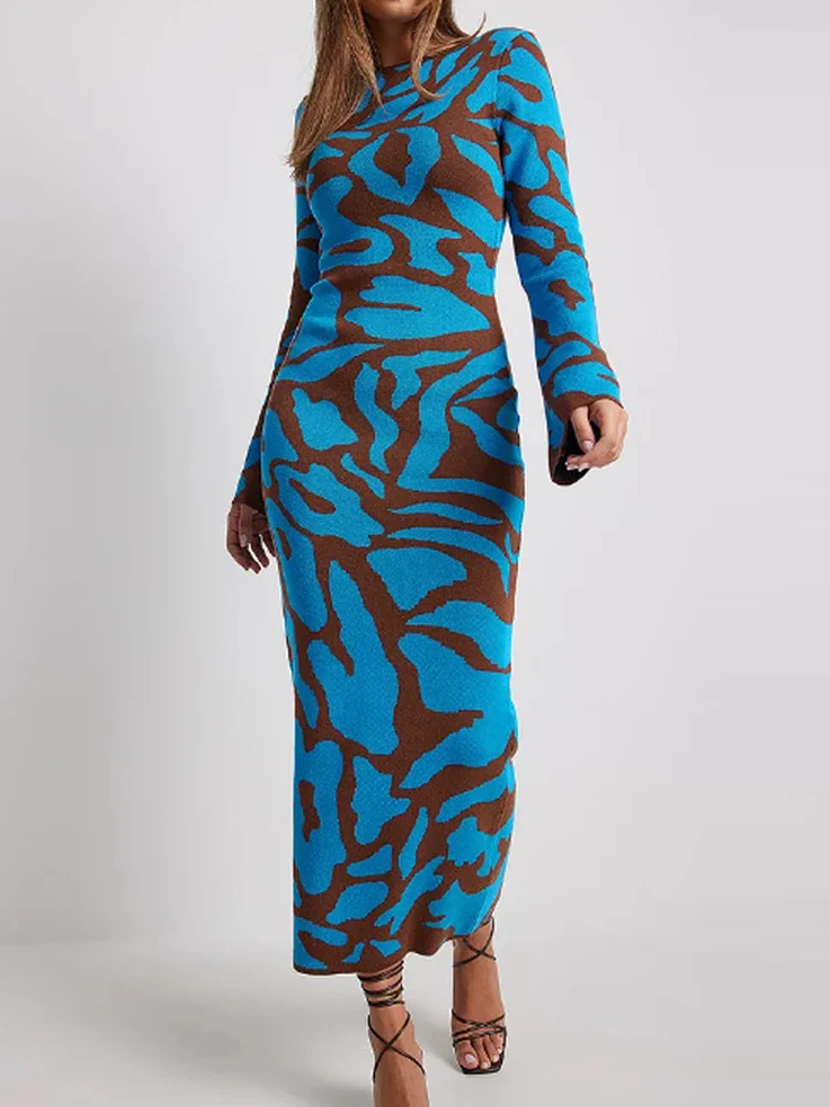 

RDMQ 2023 Knited O-neck Spring Female Dresses Wave Party Evening Robe Slim Dress Women Striped Stretch High Waist Long Sleeve