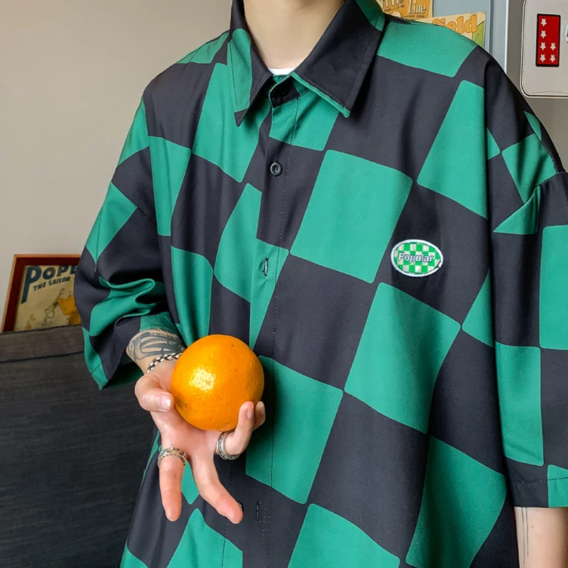 Colorful Plaid Short Sleeve Shirt for Mens Summer Fashion Trends Oversized Streetwear Tops Teenage Plus Size Hawaii Beach Blouse