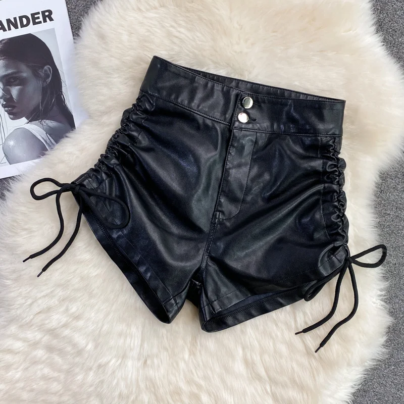 

Брюки женские из ПУ кожи, с боковым шнурком, однотонные, на осень