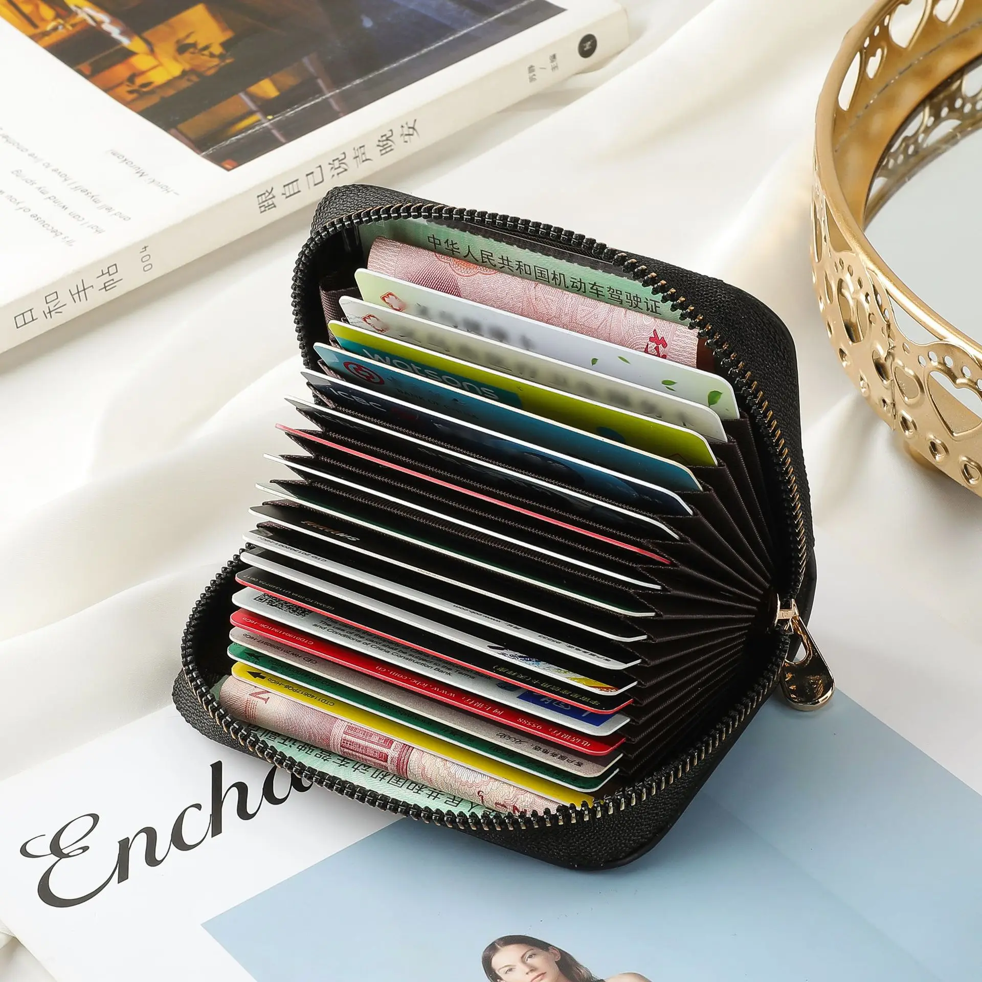 Certificate bag, credit card clip, zipper, zero wallet, cartoon, creative character, printed card bag, large capacity for women