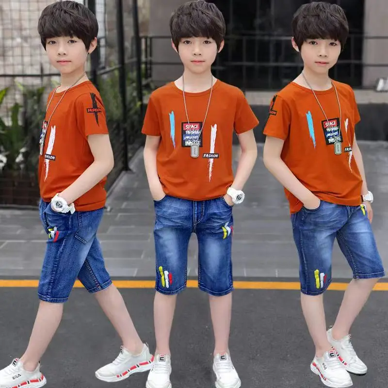 

Fashion Boys Clothes Sets Summer 2023 Short Sleeve Sweatshirt + Jeans Kids Tracksuit Children Clothing Teen 6 8 10 12 14 Years
