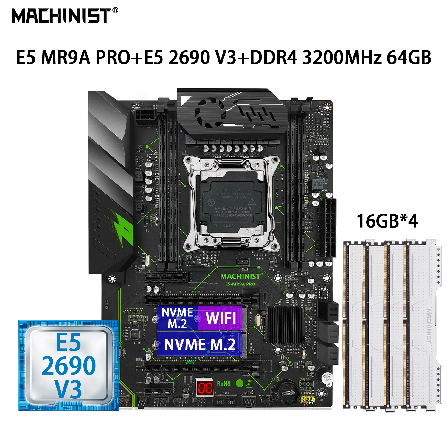 

MACHINIST KitX99 Motherboard LGA 2011-3 Set With XEON E5 2690 V3 CPU Processor DDR4 4*16GB=64GB 3200MHz Memory ATX NVME MR9A