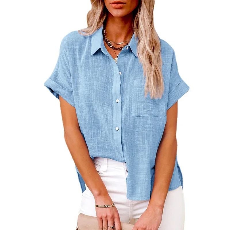 

Blouse Solid Cotton Linen Shirt Summer New Short Sleeve Lapel Women Blouses Shirts Loose Single-breasted Tops