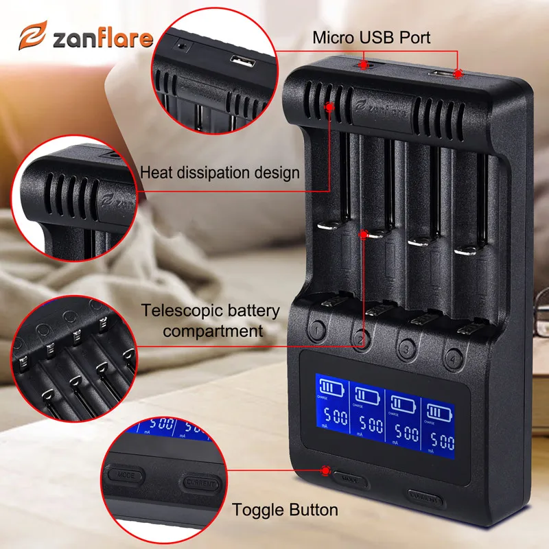 

Zanflare C4 Smart 4 Solts Battery Charger for 18650 26650 21700 18350 AA AAA 3.7V/3.2V/1.2V/ lithium NiMH battery Rechargeable