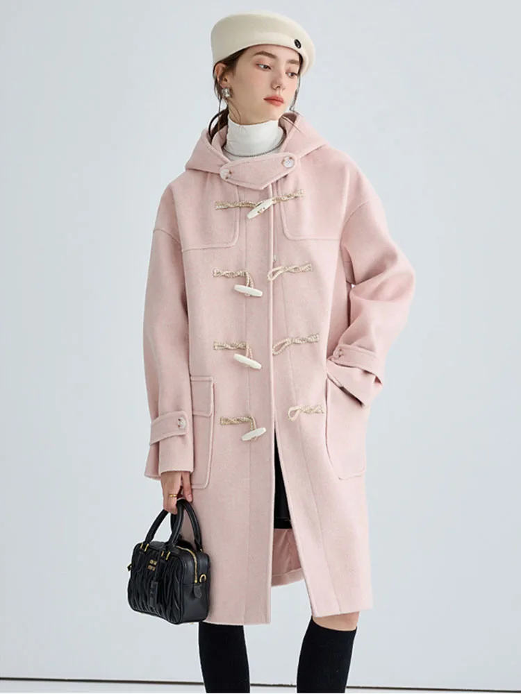 

2022 Winter Women's Coat Woolen Retro Horn Button Trench Coat Hooded Duffle Coats Elegant Outwear Casual Fashion Loose Overcoat