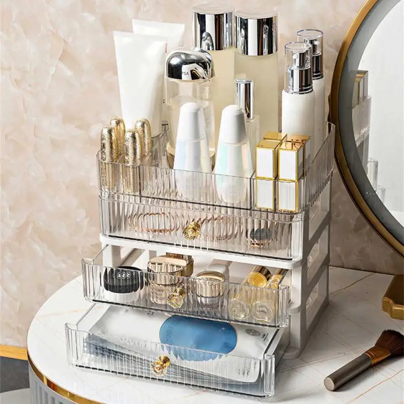 

Прозрачный/Фиолетовый настольный органайзер для макияжа, пыленепроницаемый органайзер, бытовая Многоуровневая коробка для хранения косме...